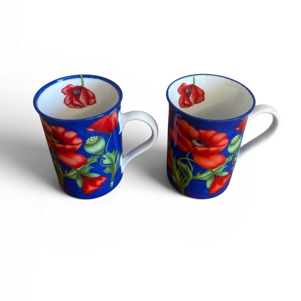 Konitz Germany Red Poppy Cobalt Blue Porcelain Coffee Mugs Set of 2 Floral